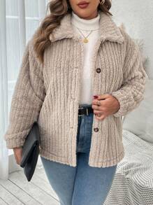 SHEIN VCAY Plus Size Plain Color Front Button Long Sleeve Casual Reversible Fleece Jacket - Apricot - View 1