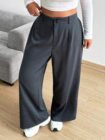 Vibekara Büyük Beden Bol Düz Geniş Paça Pantolon Cepli, Düz Renk