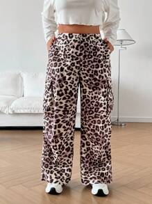 Flirla Plus Size Leopard Print Snap Button Front Side Pockets Elastic Waist Cargo Pants Fall Cloth For Women - Multicolor - View 7