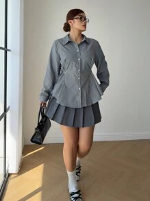 POPSWAY 1 件女式加大码基本款条纹图案腰带领长袖休闲衬衫，适合工作和学校穿着，春秋季 - 彩色 - 查看 5