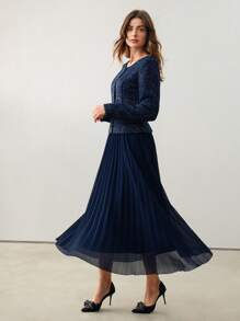 Anewsta 1pc Women's Long Sleeve 2 In 1 Pleated Hem Dress - Blue - View 4