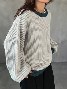 FRIFUL Women Autumn/Winter Contrast Color Round Neck Dropped Shoulder Long Sleeve Casual Loose Knitted Sweater,Three Quarter Sleeve Tops