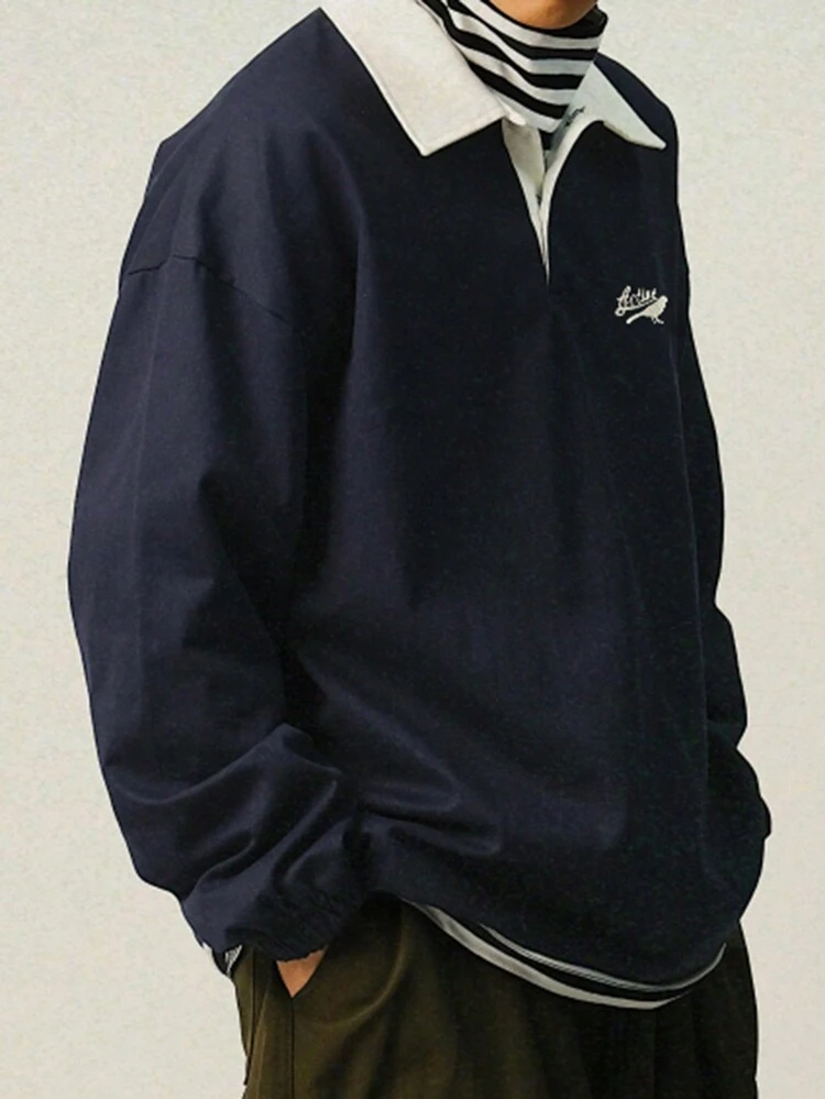 Colorblock Letter Embroidered Polo Shirt For Men, Autumn