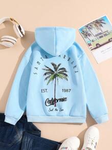 Tween Girls Plant & Letter Print Hooded Long Sleeve Sweatshirt