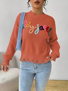 SHEIN Unity Women Letter Pattern Drop Shoulder Long Sleeve Loose Casual Sweater, Autumn/Winter Knit Pullover Fall - Orange - View 3