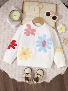 Young Girl Fashion Minimalist Casual Cute Long Sleeve Floral Pattern Round Neck Knit Sweater, Soft & Comfortable For Daily, Travel