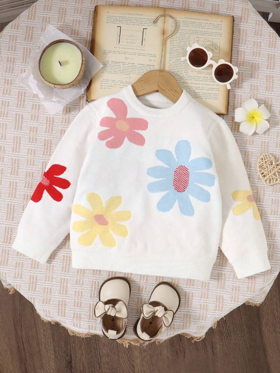 Young Girl Fashion Minimalist Casual Cute Long Sleeve Floral Pattern Round Neck Knit Sweater, Soft & Comfortable For Daily, Travel