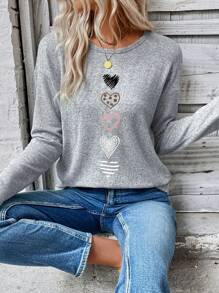 EMERY ROSE Damen lässiges Langarm-T-Shirt mit Herz-Muster, Grafik-Oberteile für Damen mit Herzmotiv für Frühlingslook