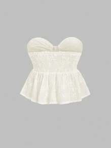 Sweetra Women's Summer Vacation Solid Color Jacquard White Bandeau Top - Apricot - View 2