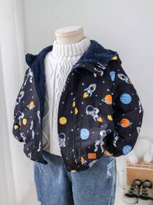 1 pieza Chaqueta con capucha acolchada, cálida y gruesa con forro de felpa, de estilo colegial cómodo y de moda simple y práctica, con estampado completo, para niños pequeños, adecuada para el uso diario, la escuela, los viajes, los deportes en otoño e invierno