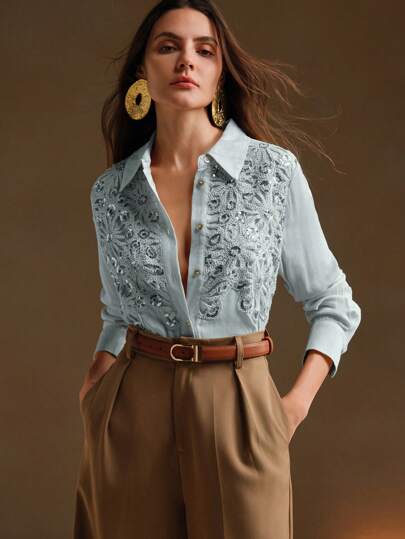 Anewsta Women's Casual 3D Floral Collar Long Sleeve Pearl Beaded Water-Soluble Lace Patchwork Shirt