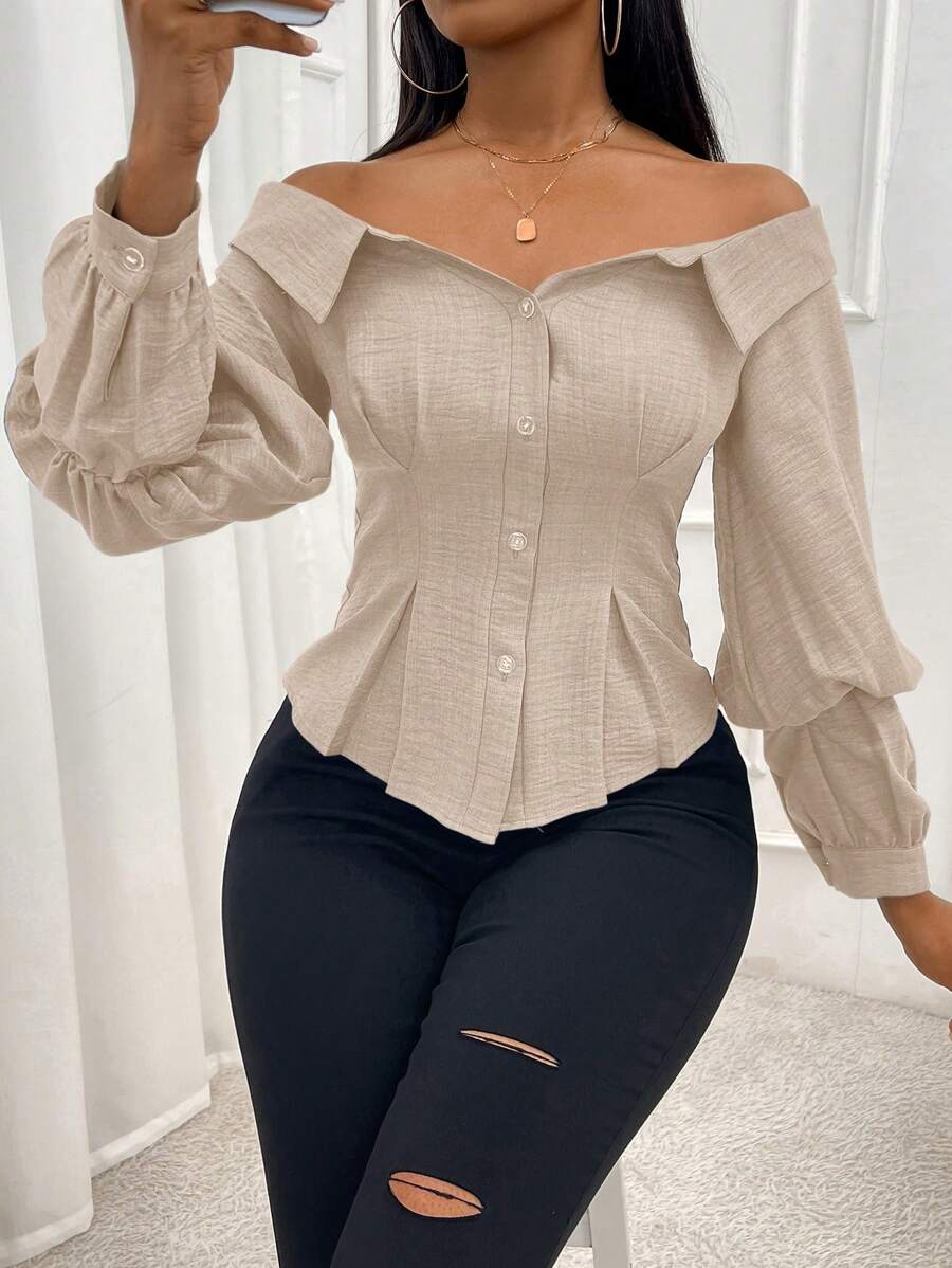 VaVaBold 女式休闲露肩收腰前扣衬衫,秋季 - 卡其色 - 查看 1
