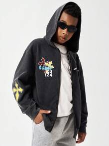 SHEIN Teenage Boys' Graphic Hooded Zip-Up Sweatshirt