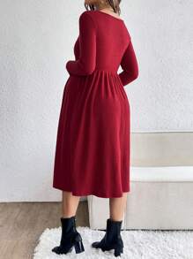 SHEIN Pregnant Women Solid Color Elegant Round Neck Button Decor Long Sleeve Dress, Decor Dress, Autumn, For Maternity - Burgundy - View 2
