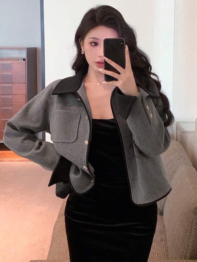Women's Autumn Single Breasted Color Blocking Lapel Casual Jacket,Fall Women Clothes