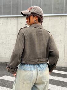 SHEIN EZwear Plus Size Women Turndown Collar Long Sleeve Cropped Plaid Trench Coat, Autumn