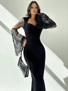 Firerie Gothic Style Sweetheart Neck Lace Flare Sleeve Velvet Fit And Flare Dress, Elegant Sexy For Halloween Party Night, Autumn/Winter Black Floral - Black - View 2