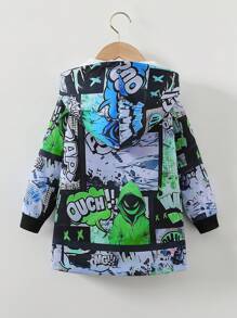 1 件年轻男孩休闲酷蓝绿动漫/漫画全图案数码印花保暖内衬连帽保暖夹克，适合日常和街头风格，秋冬季