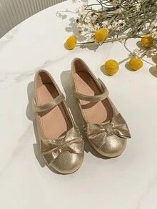 女童圆头蝴蝶结装饰平底鞋，适合秋冬季 - 金色 - 查看 4