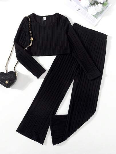 Sparklyn 2pcs/Set Tween Girl Casual Solid Color Fuzzy Rib Crew Neck Long Sleeve Top & Wide Leg Pants Set, Autumn & Winter