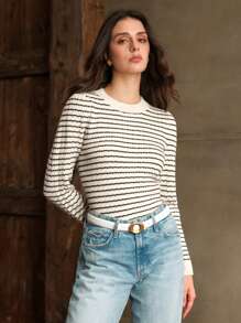 Anewsta Damen Rundhals gestreifter strukturierter gestrickter Pullover für Herbst und Winter - Schwarz und Weiss - Übersicht 1