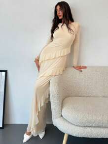 Aloruh Vestido Romântico para Encontro com Gola Babado, Manga Lanterna, Ajustado e Transparente, Cor Damasco