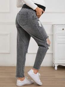 SHEIN Maternity Casual Ripped Washed Denim Jeans, Suitable For Spring And Autumn - Dark Grey - View 2