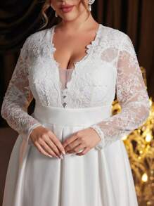 SHEIN Belle Plus Size White Satin Jacquard Splice Sheer Floral Mesh Jacquard V Neck A-Line Dress, Elegant Bridal Shower/Wedding Guest Dress, Little White Dress,Bride