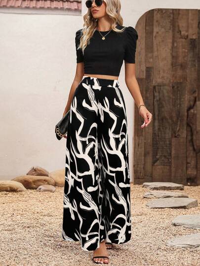 Breezaya 2pcs Women Summer Set - Black Knit Top & Leaf Print Wide Leg Pants