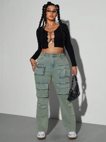 SHEIN ICON Quần Jeans Denim Nhiều Túi Phong Cách Cổ Điển Cho Nữ Cỡ Lớn - Rửa trung bình - Xem 1