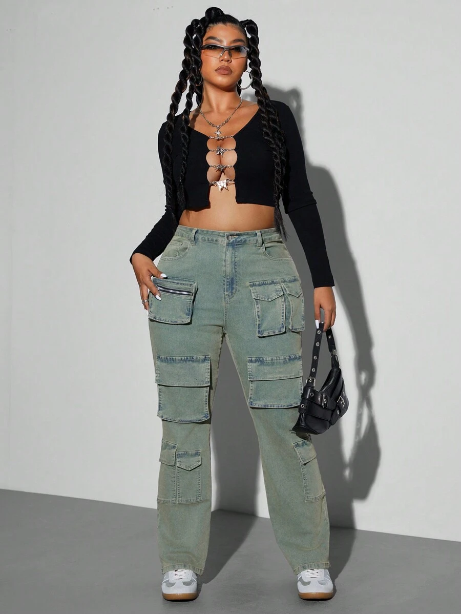 SHEIN ICON Quần Jeans Denim Nhiều Túi Phong Cách Cổ Điển Cho Nữ Cỡ Lớn - Rửa trung bình - Xem 1