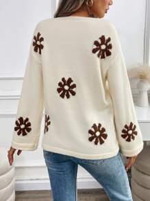 SHEIN ChicEase Áo len nữ tay loe họa tiết hoa phối màu tương phản, kiểu dáng thường ngày, thích hợp mặc mùa thu/đông. - Màu be - Xem 2