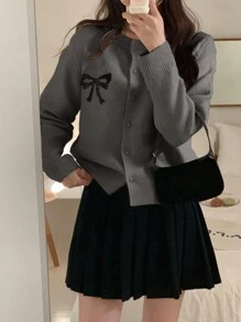 DAZY 1 件女士休闲纽扣开衫，带蝴蝶结图案，适合秋冬日常穿着，秋季女装 - 灰色 - 查看 5