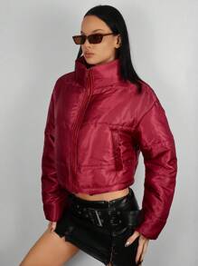 EgrlEra Short Solid Color Zip-Up Long Sleeve Padded Padded Coat, Winter Clothes - Burgundy - View 4