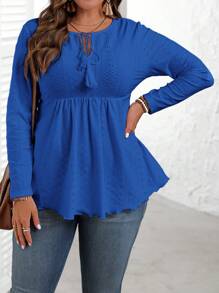 EMERY ROSE Camiseta de manga larga para otoño con bajo con volantes, diseño calado y bordado en unicolor para tallas grandes