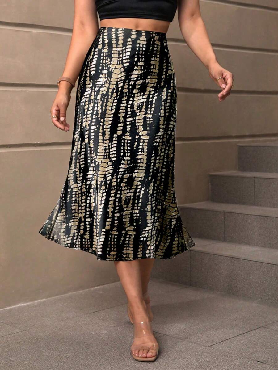 SHEIN LUNE Spódnica midi damska prosta i elegancka z nadrukiem i syrenką na co dzień