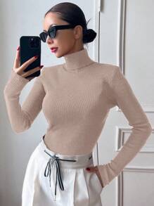 DAZY 女士休闲百搭秋季新款高领修身毛衣，适合冬季、秋季女装 - 卡其色 - 查看 4