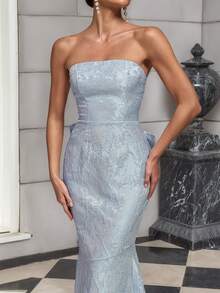 提花露肩长款美人鱼连衣裙，配有超大蝴蝶结，适合派对和晚礼服 - 藍色 - 查看 5