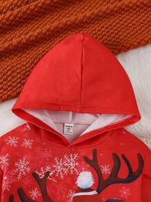 SHEIN Christmas Hooded Sweatshirt For Girls Autumn Winter New Fashion Brand Red Christmas Snowman Deer Bear Print Children Hoodie - Red - View 6