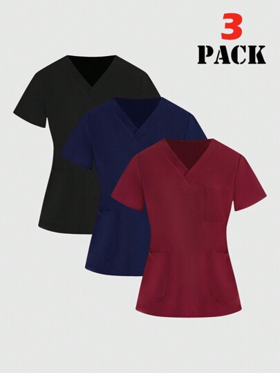 TaskEZ 1 Set Basic Solid Color V-Neck Short Sleeve Pocket Scrub Uniform Top Set
