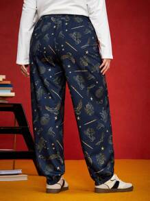 HARRY POTTER X SHEIN 大码休闲宽松时尚口袋四件套连帽运动裤，海军蓝，适合日常穿着 - 藏蓝色 - 查看 2