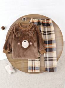 2pcs Young Boys' Brown Simple Winter New Embroidered Graphic Long Sleeve Top And Plaid Striped Pants Homewear Set