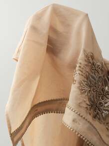 Anewsta Bộ 2 chiếc áo lưới tay dài thêu sequin trang trí ve áo và chân váy ngắn chữ A - Màu Khaki - Xem 8