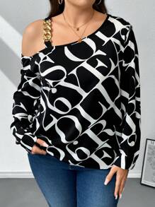 SHEIN Privé Plus Letter Graphic Chain Detail Asymmetrical Neck Blouse