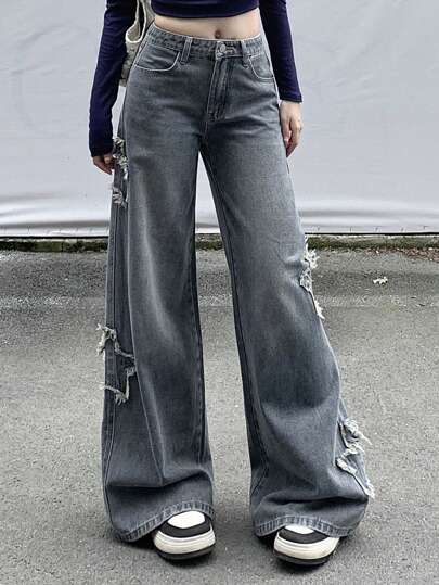 DAZY Women Star Decor Fringed Straight Leg Jeans Low Rise Jeans