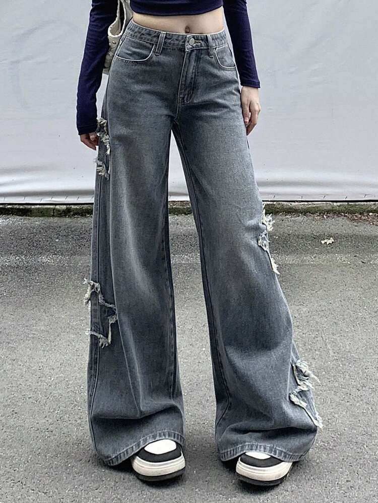 Women Star Decor Fringed Straight Leg Jeans Low Rise Jeans
