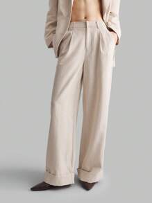 Ontre 女士纯色褶皱直筒宽松休闲裤