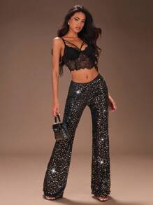 SHEIN SXY Pantaloni con coulisse da donna in velluto nero con paillettes, adatti per casual, concerti, feste, uscite serali, carnevale - nero - Visualizzare 4