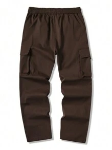 Manfinity Homme Men's Solid Color Drawstring Waist Cargo Pockets Casual Pants, Fall - Coffee Brown - View 2