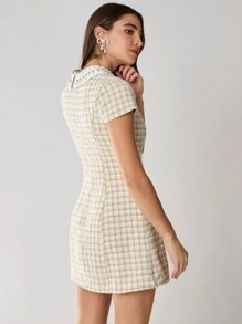 Enchnt 女士拼色领仿珍珠装饰格子泡泡袖优雅短款连衣裙 - 杏色 - 查看 5